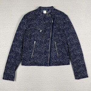 Gap Moto Jacket Womens Large Tall Navy Print Textured Cotton Asymmetrical Zip